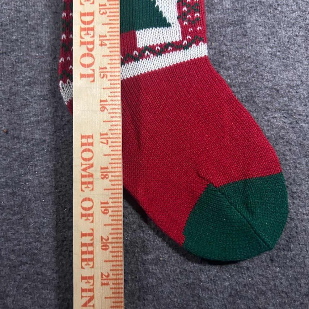 Vintage Knit Christmas Stocking Tree Red Green Yarn Crochet Pom Pom - Picture 6 of 8